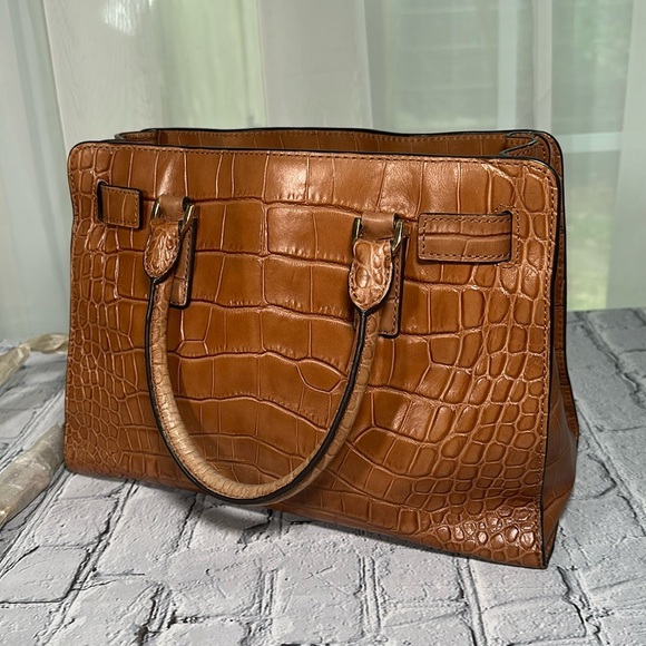 Michael Kors Dillon Satchel Croc Embossed Leather Shoulder Cognac Tan Purse Bag - Picture 2 of 16